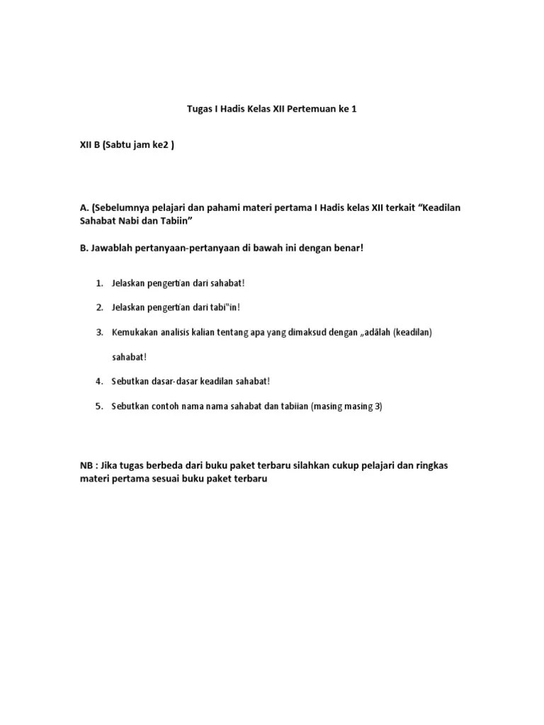 Tugas I Hadis Kelas XII Pertemuan Ke 1 | PDF