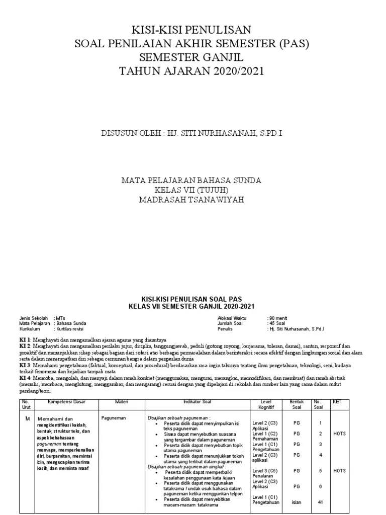 KISI2 Sunda Kelas VII Kurtilas 2020 | PDF