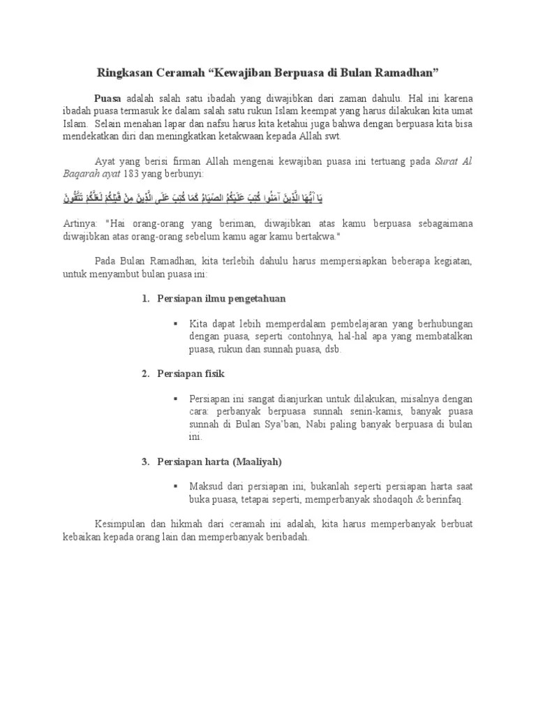 Ringkasan ceramah kewajiban berpuasa di bulan ramadhan | PDF