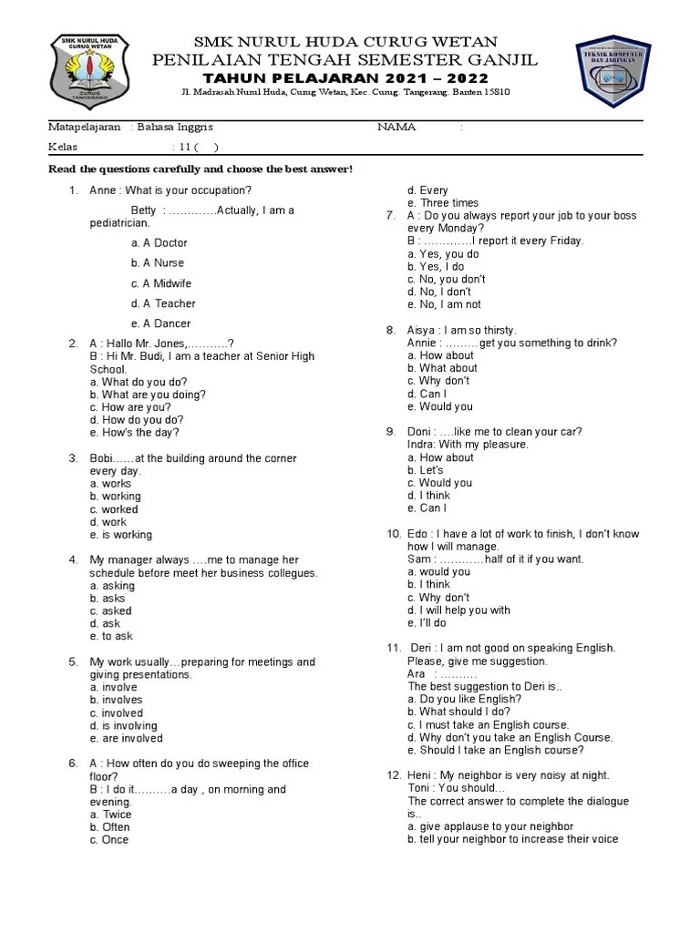 PTS GANJIL KELAS 11 ,2021 SMK 20 SOAL | PDF