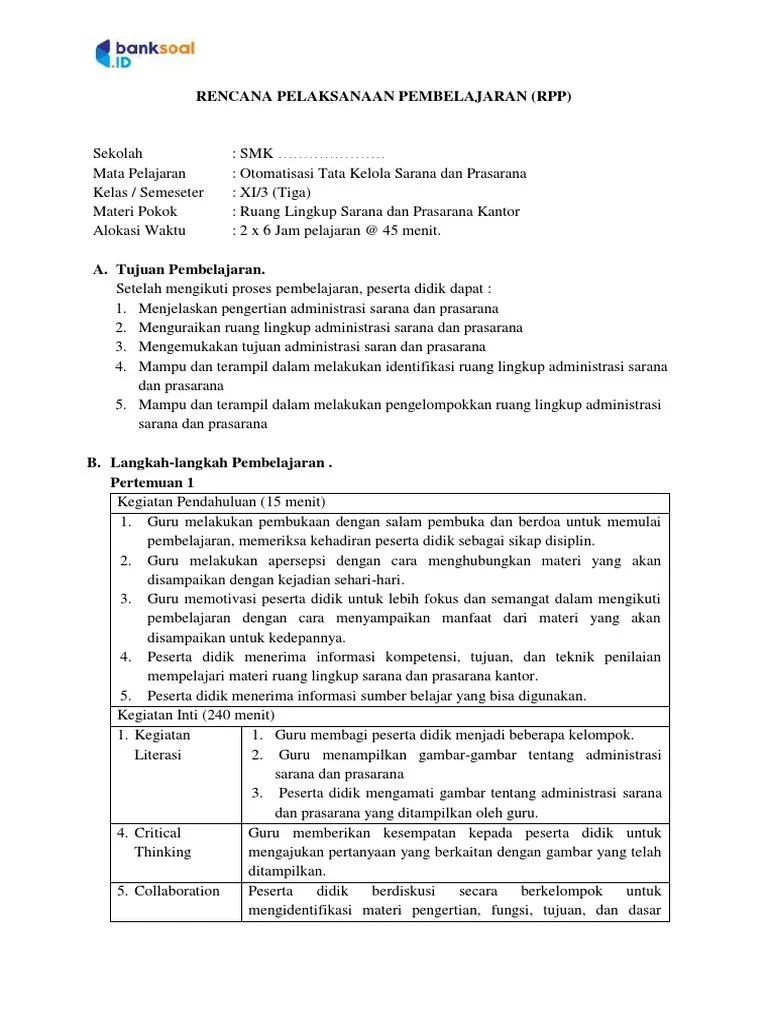 RPP KD 1 OTK SARPRAS KELAS XI SMK SEMESTER GANJIL TAHUN 2021 2022 Bank-Soal  - Id | PDF