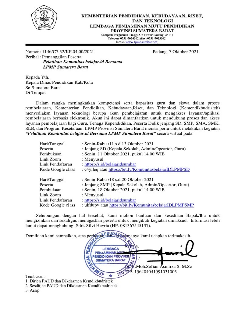 Surat Pemanggilan Peserta Komunitas Belajar-Dikonversi | PDF