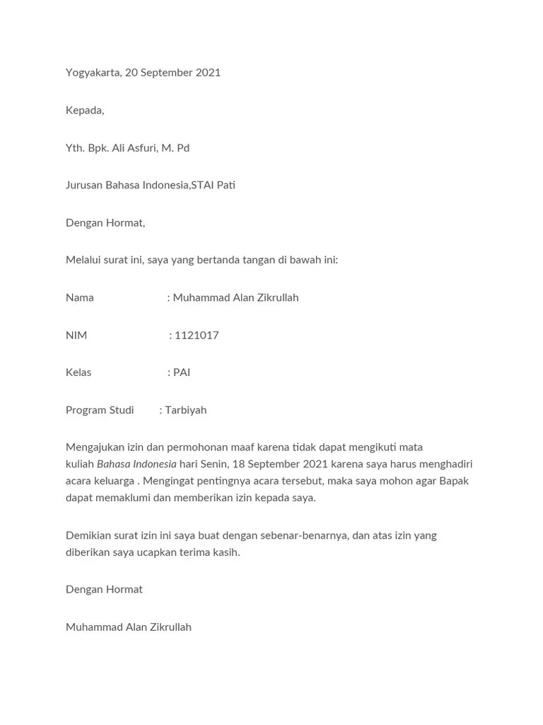 Tugas Bahasa Indonesia-Surat untuk dosen | PDF