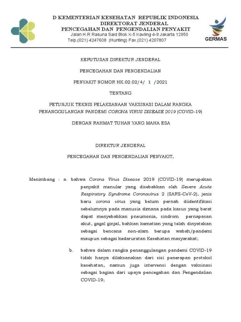 Final SK Dirjen Juknis Vaksinasi COVID-19 02022021 | PDF