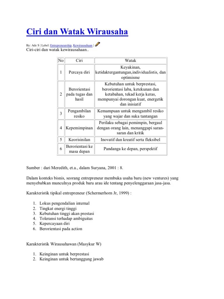 Ciri Dan Watak Wirausaha | PDF