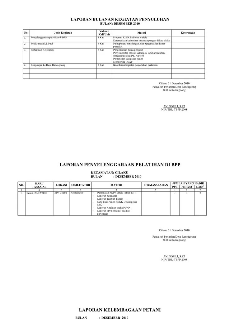Contoh Laporan Bulanan Penyuluh Pertanian - Audit Kinerja