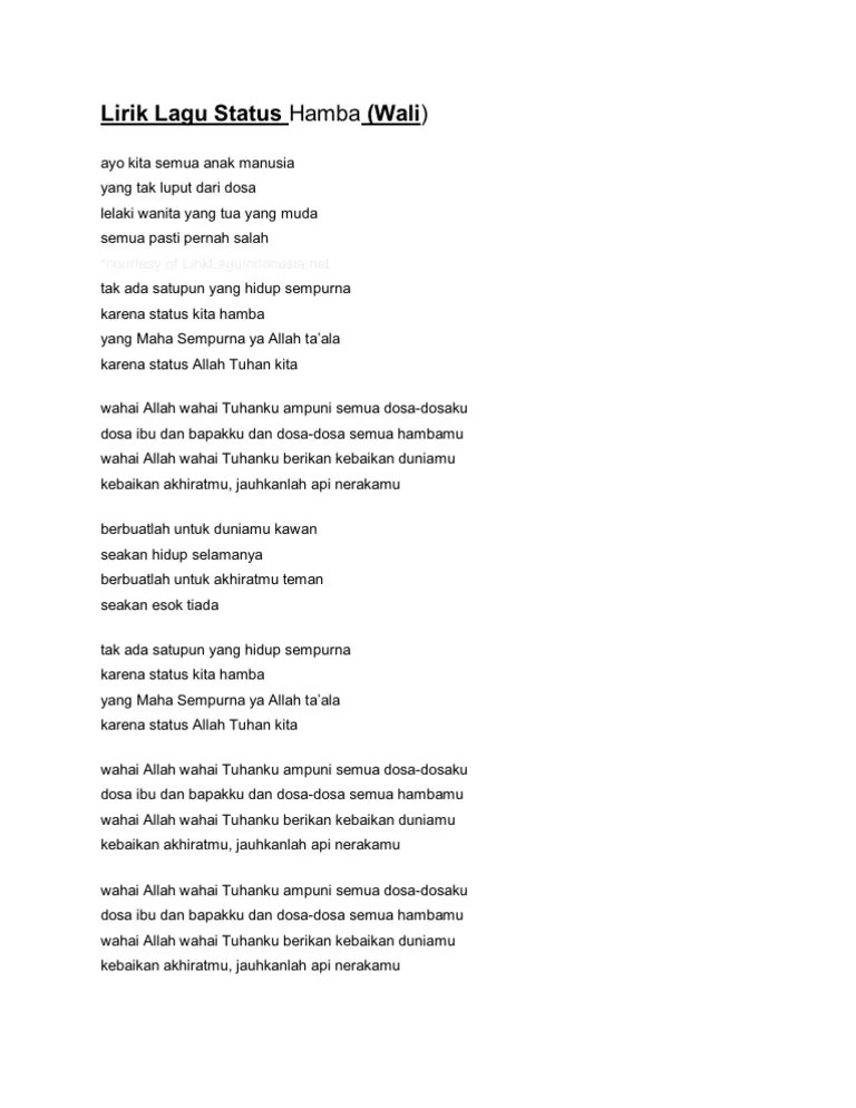 Lirik Lagu Wali Status Hamba Lyrics | PDF