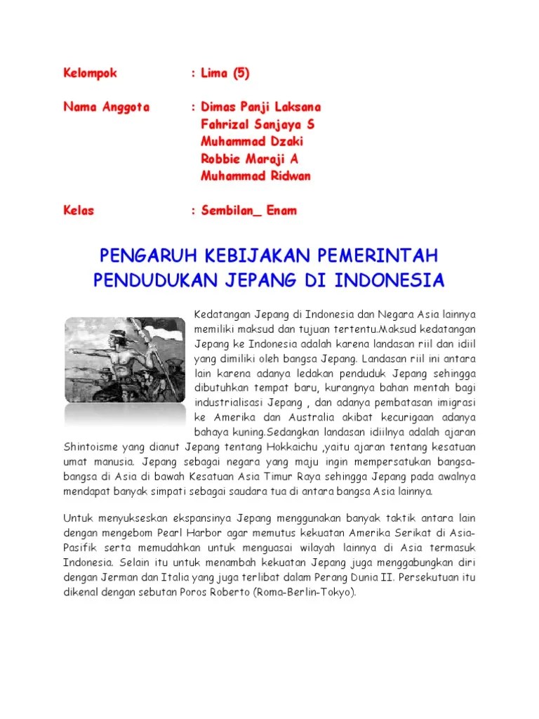 Pengaruh Kebijakan Pemerintah Pendudukan Jepang Di Indonesia | PDF