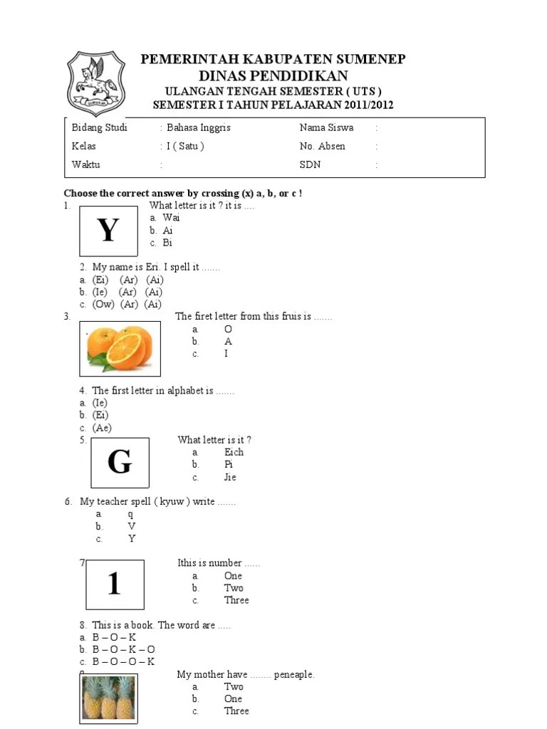 Contoh Soal Bahasa Inggris SD Kelas 1: Pilihan Ganda