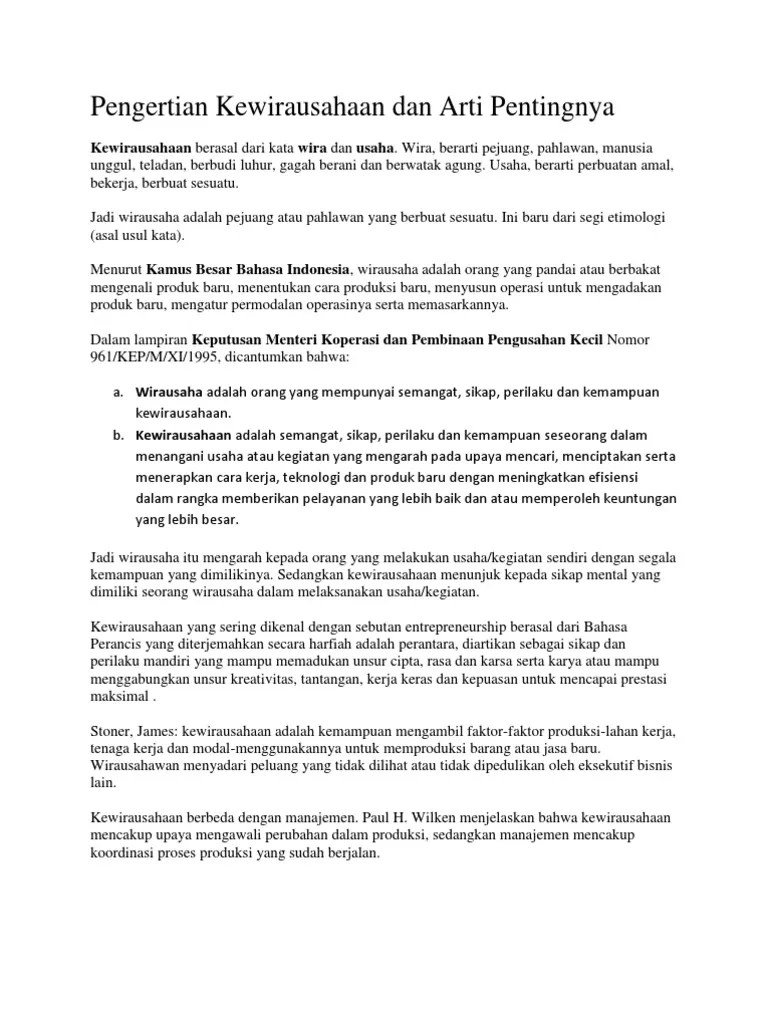 Pengertian Kewirausahaan Dan Arti Pentingnya | PDF