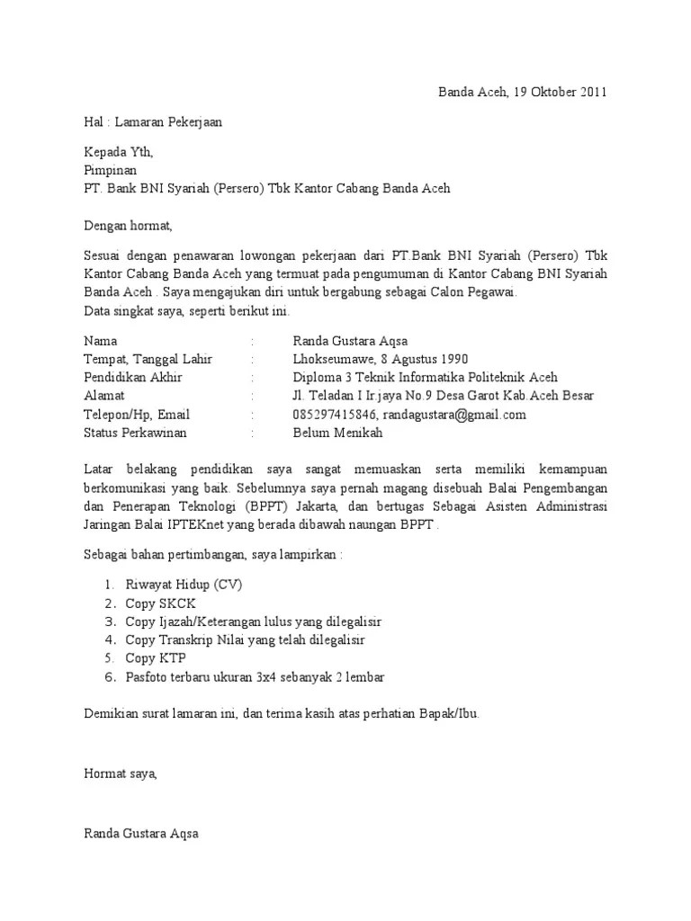 Surat Lamaran Kerja BNI | PDF