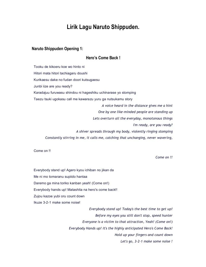 Lirik Lagu Naruto Shippuden Opening 7 – Nasi