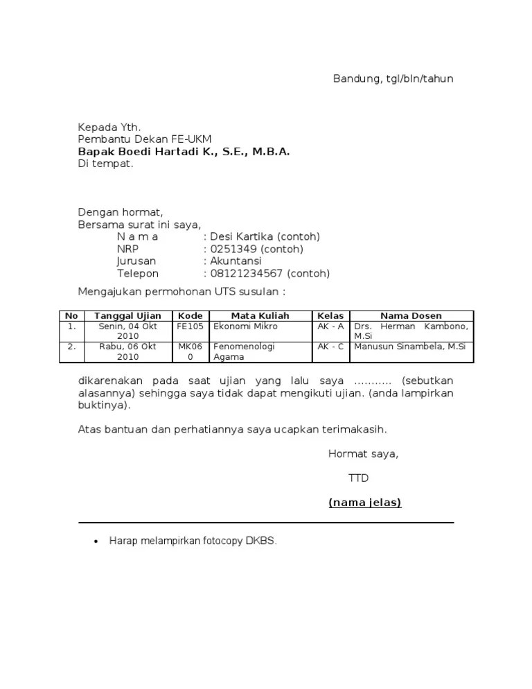 Contoh Surat An UTS Susulan | PDF