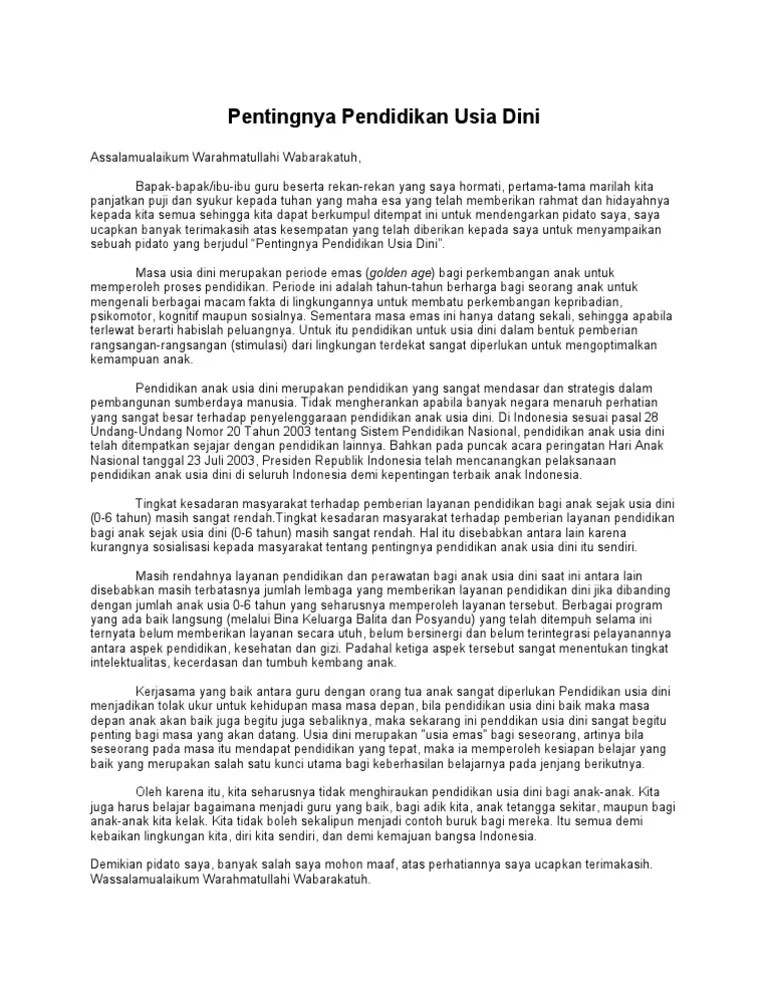Pidato Pentingnya Pendidikan Anak Usia Dini | PDF