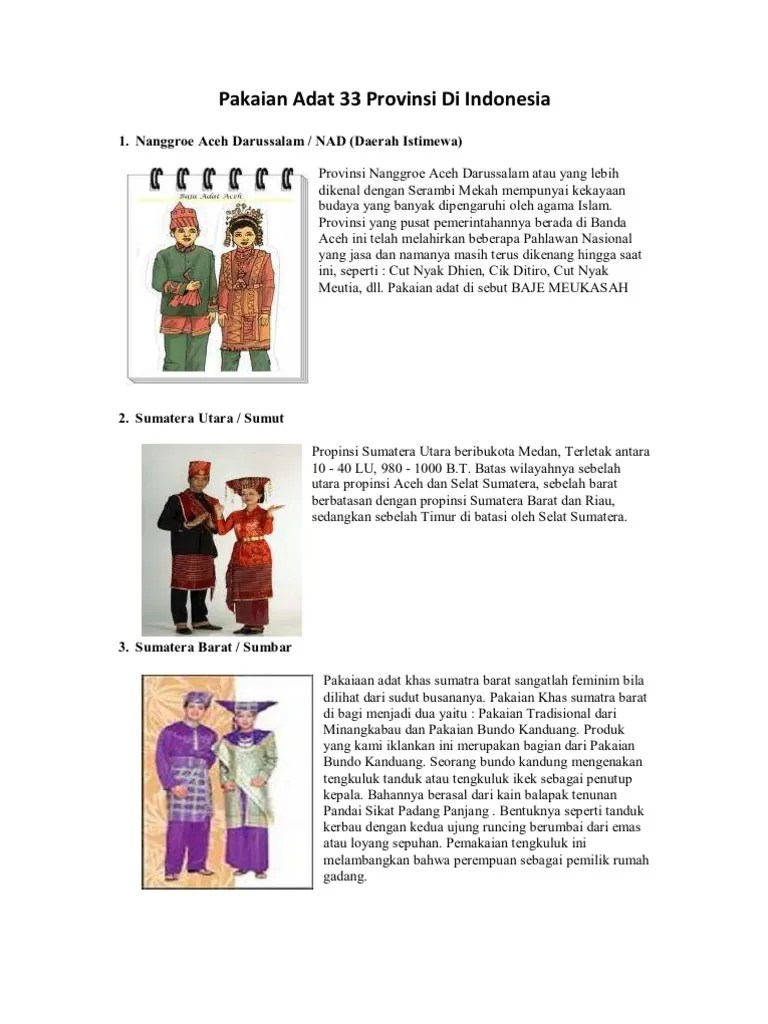 Pakaian Adat 33 Provinsi Di Indonesia | PDF