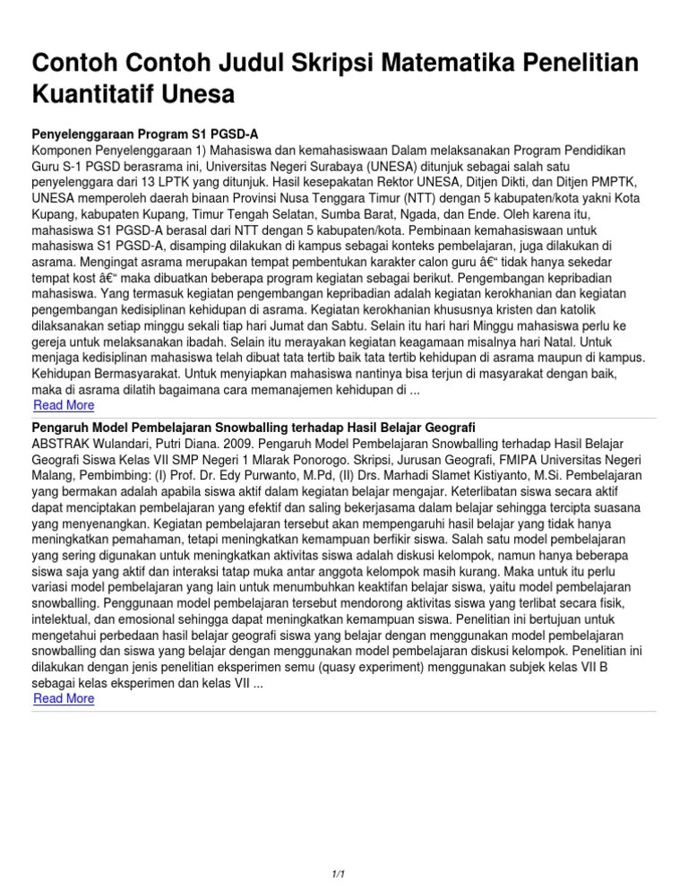 Contoh Contoh Judul Skripsi Matematika Penelitian Kuantitatif Unesa | PDF