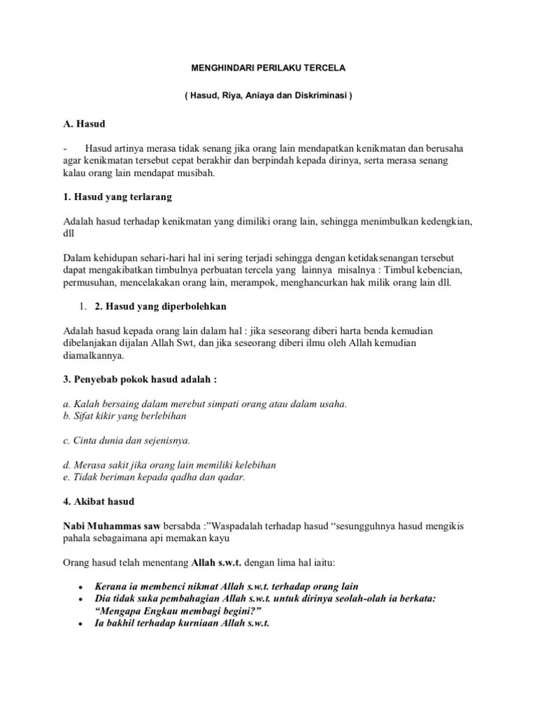 MENGHINDARI PERILAKU TERCELA ( Hasud, Riya, Aniaya dan Diskriminasi )