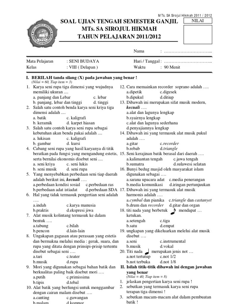 Contoh Soal Seni Budaya Kelas 10 Semester 2 – Berbagai Contoh