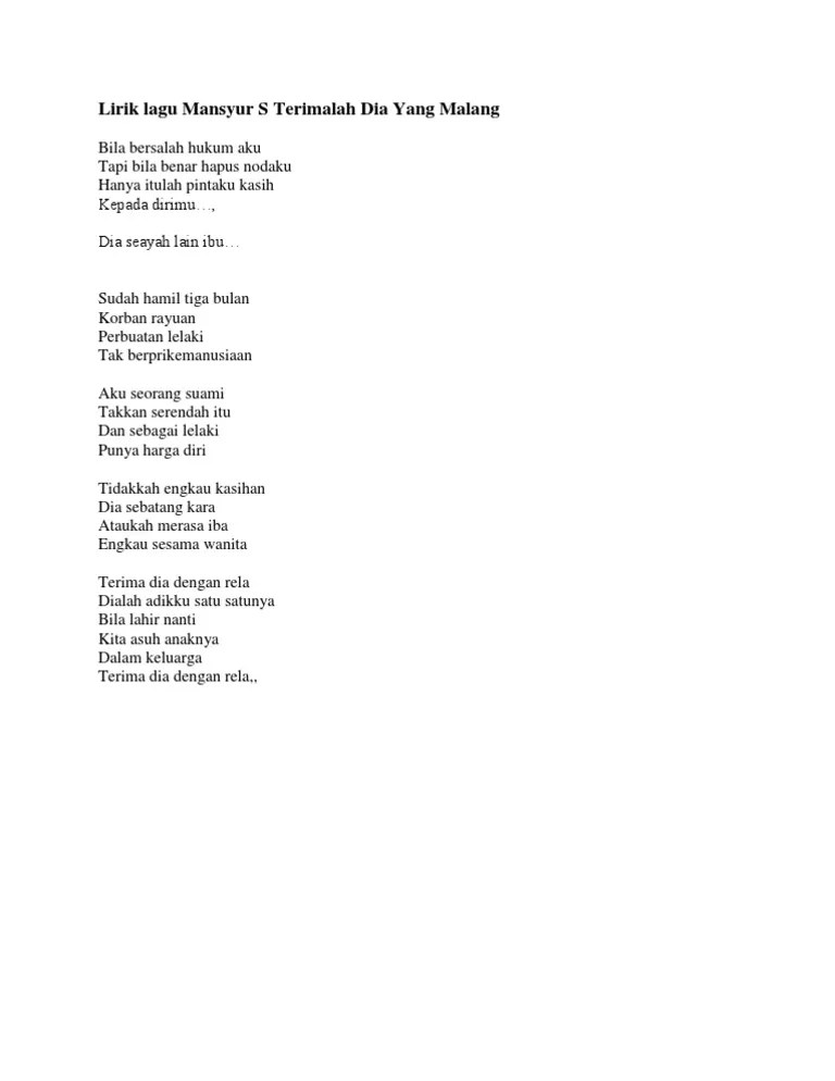 Lirik Lagu Mansyur S Terimalah Dia Yang Malang | PDF