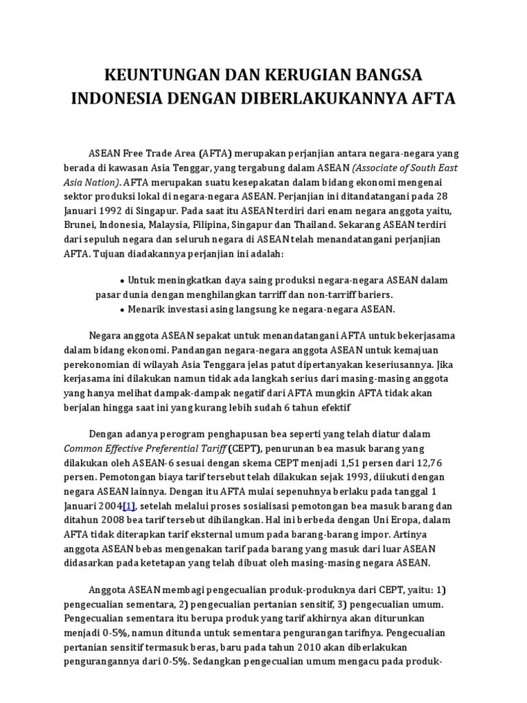 Keuntungan Dan Kerugian Bangsa Indonesia Dengan Diberlakukannya Afta | PDF