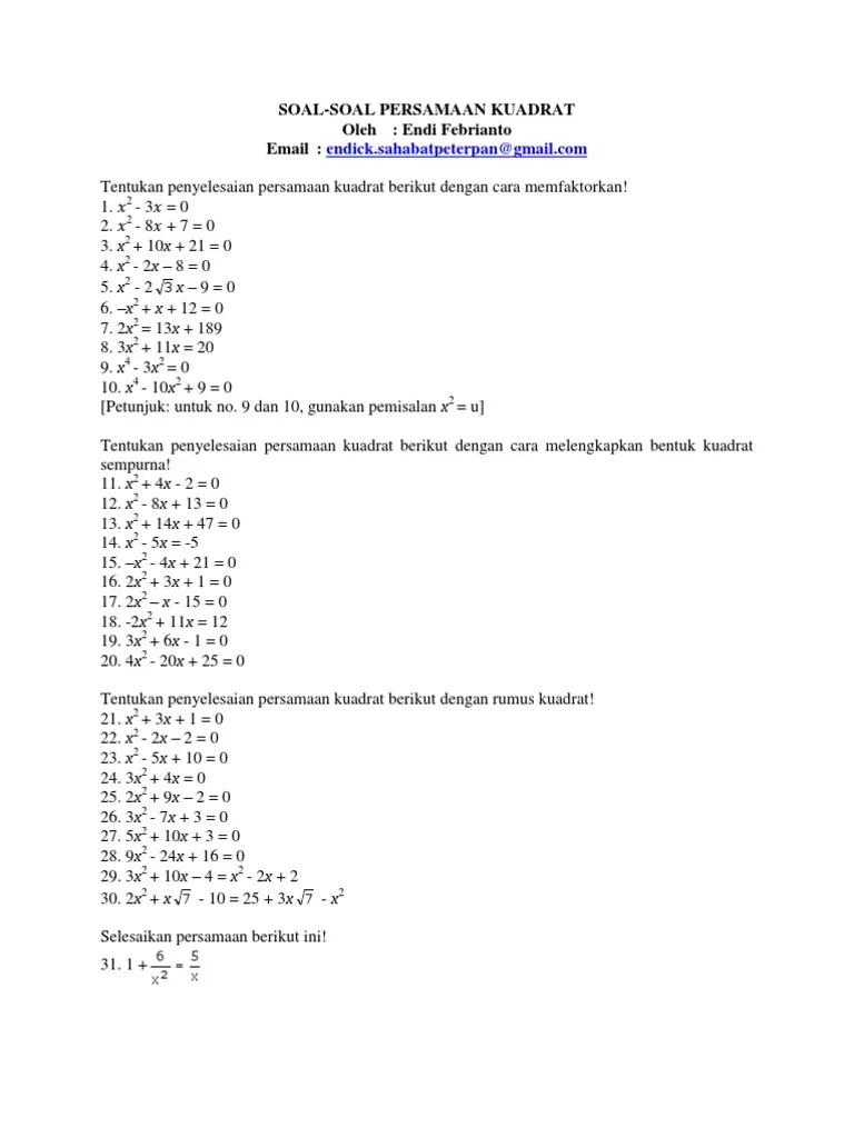 35 Soal Persamaan Kuadrat | PDF