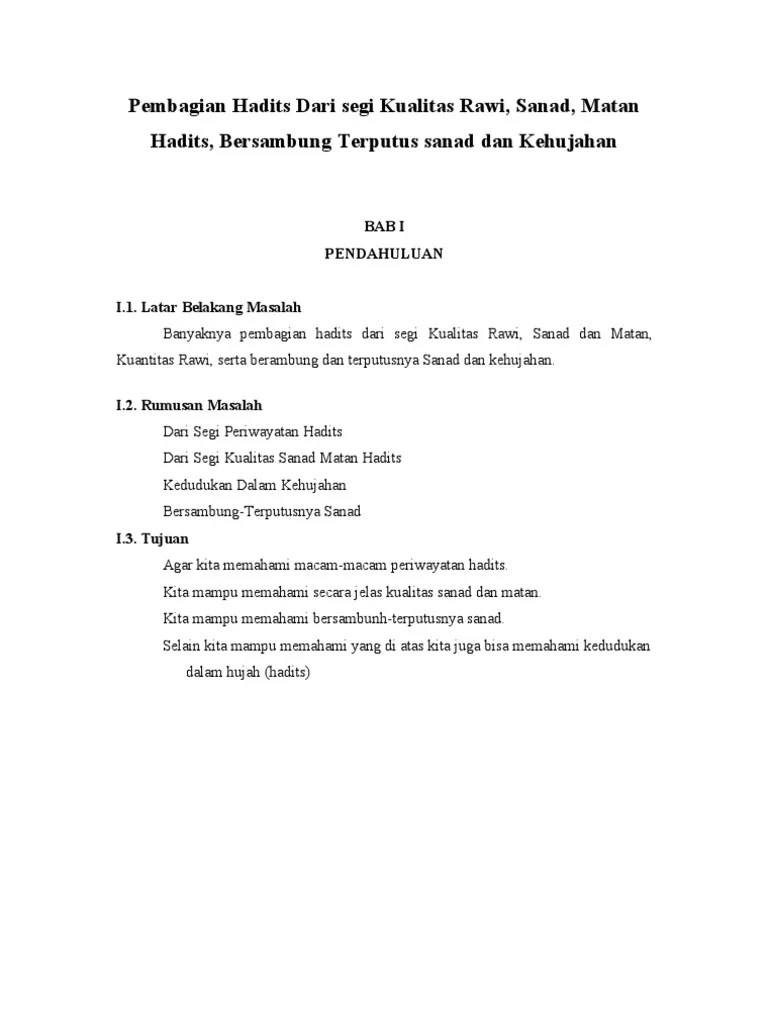 Pembagian Hadits Dari Segi Kualitas Rawi, Sanad, Matan Hadits, - Bersambung  Terputus Sanad Dan Kehujahan | PDF