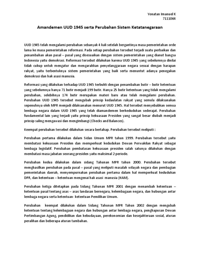 Amandemen UUD 1945 Serta Perubahan Sistem Ketatanegaraan | PDF