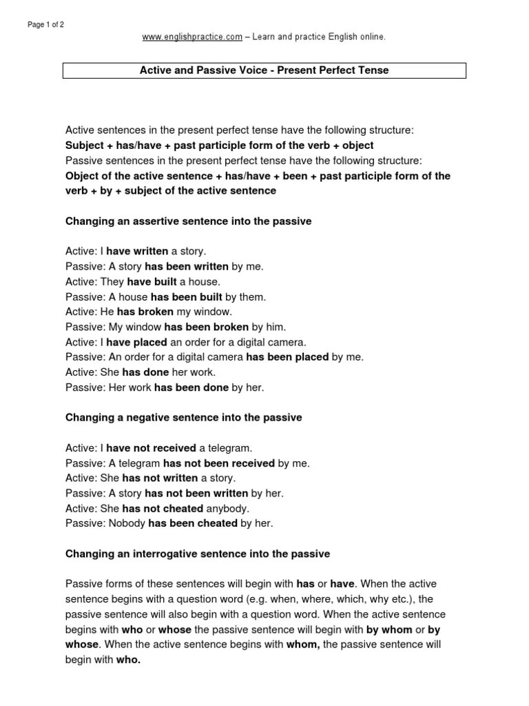 Active Passive Voice Present Perfect Tense | PDF | Perfect (Grammar) | Verb