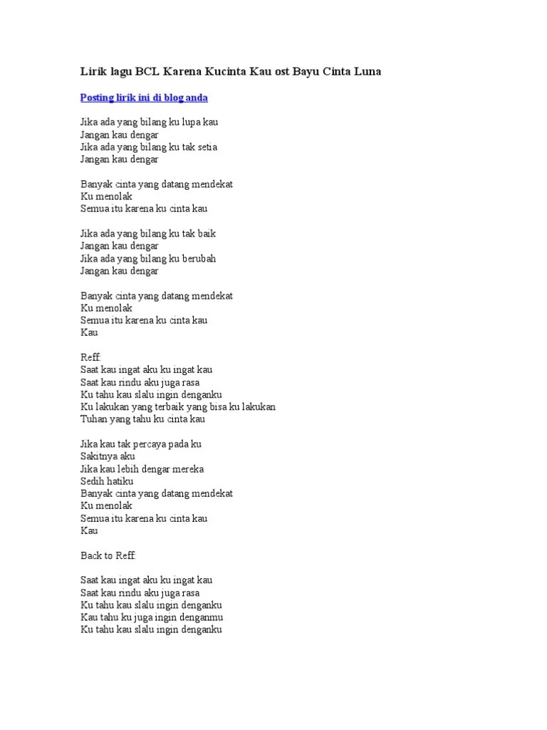 Lirik Lagu BCL Karena Kucinta Kau Ost Bayu Cinta Luna | PDF