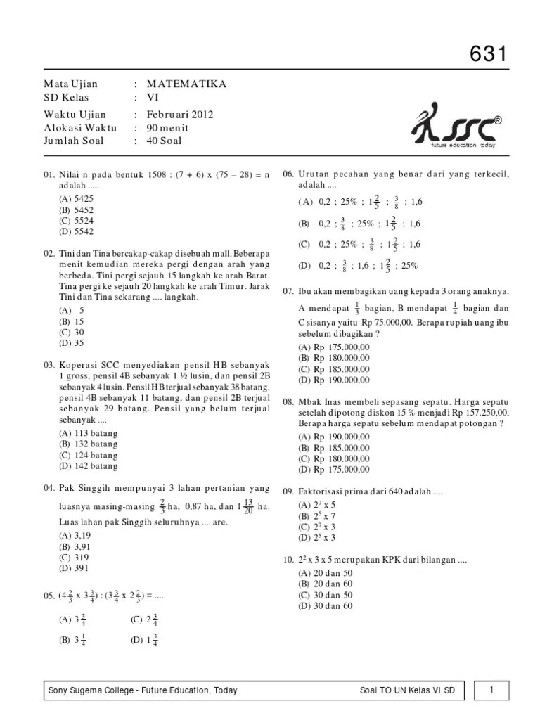 Soal To UASBN Matematika Kelas 6 SD Kode 631 | PDF
