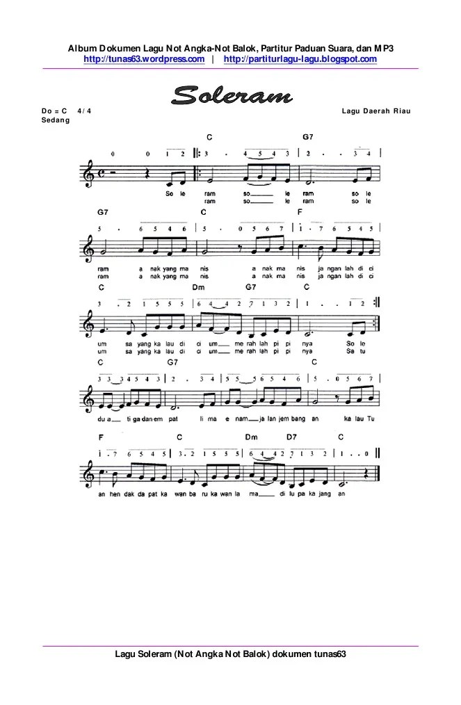 Not Angka Lagu Daerah Soleram