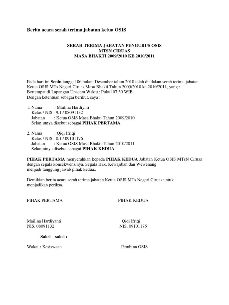 Contoh Surat Berita Acara Serah Terima Jabatan Osis - Nusagates