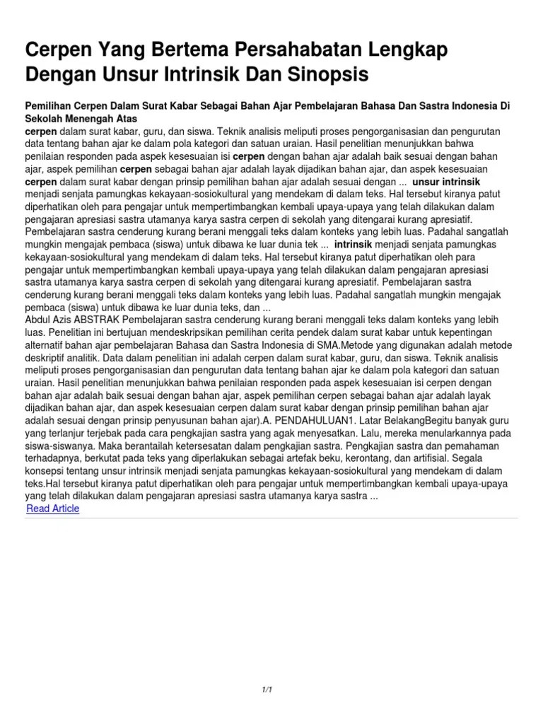 Cerpen Yang Bertema Persahabatan Lengkap Dengan Unsur Intrinsik Dan  Sinopsis | PDF