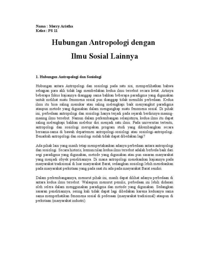 Hubungan Antropologi Dengan Ilmu Sosial Lainnya | PDF