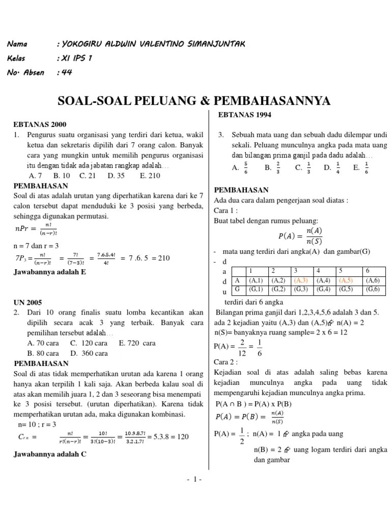Soal-Soal Peluang Dan Pembahasannya (EBTANAS-UAN) | PDF