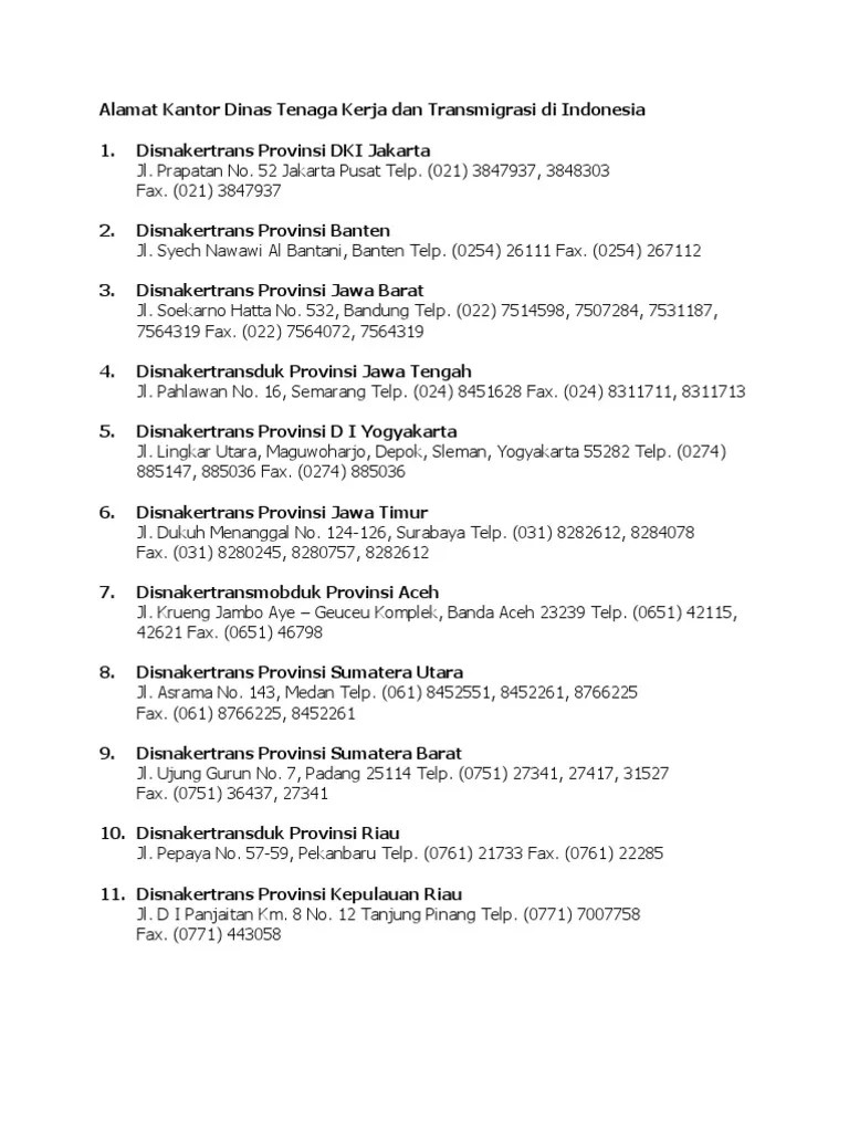 Daftar Alamat Disnakertrans Se Indonesia | PDF