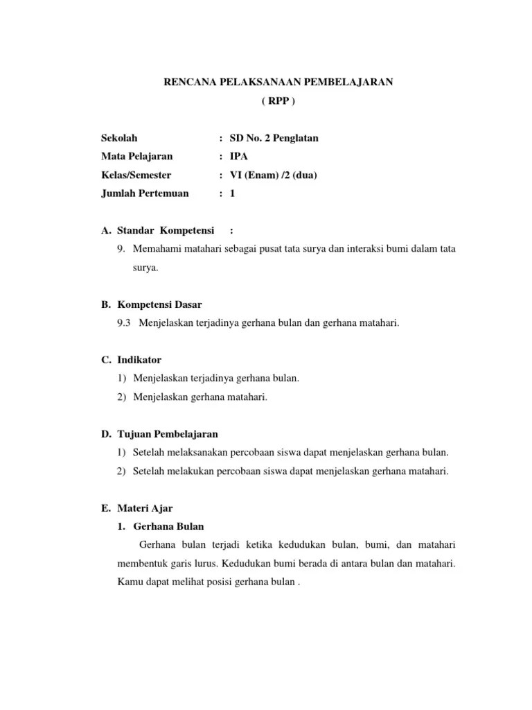 Rpp Gerhana Bulan Kelas 6 Sd