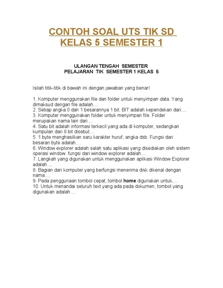 Contoh Soal Uts Tik SD Kelas 5 Semester 1 | PDF