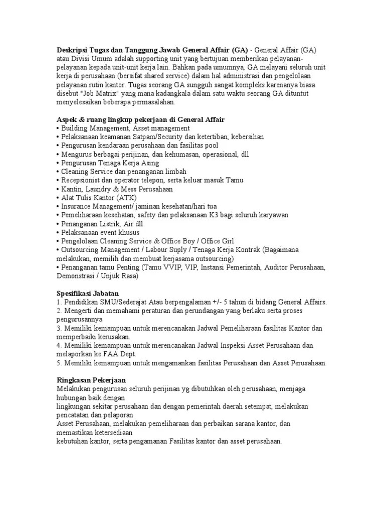 Deskripsi Tugas Dan Tanggung Jawab General Affair | PDF