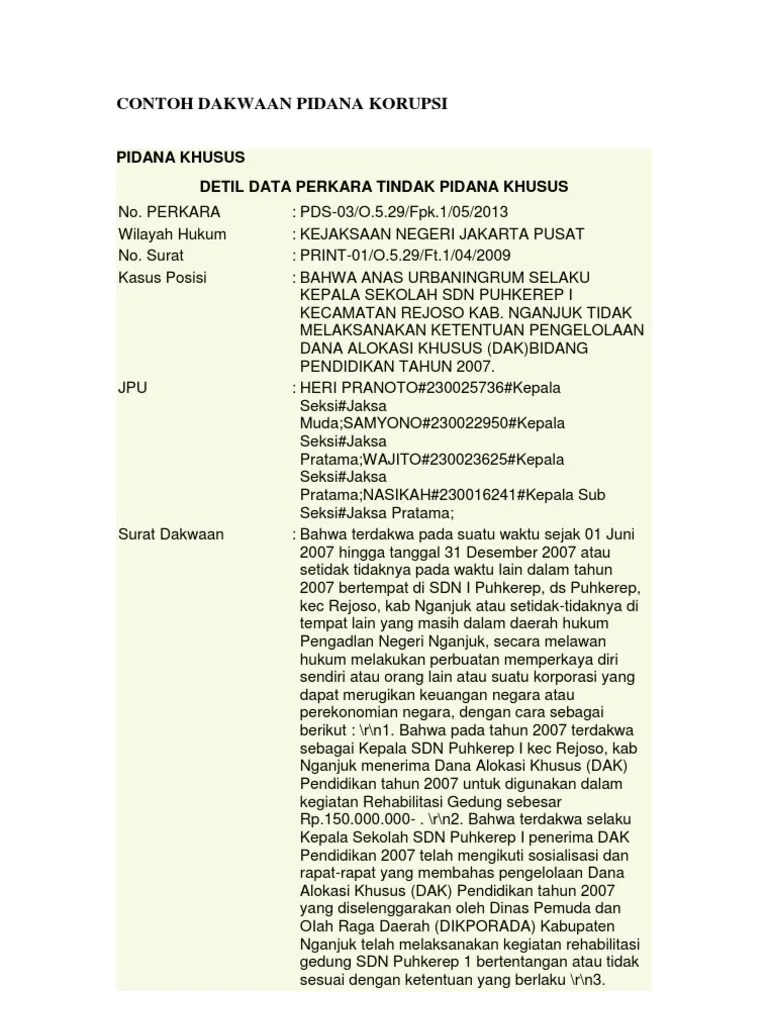 Contoh Dakwaan Pidana Korupsi | PDF