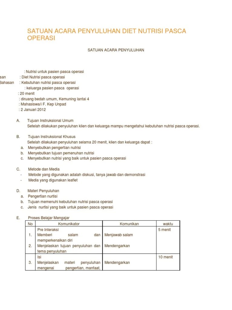 Satuan Acara Penyuluhan Diet Nutrisi Pasca Operasi | PDF