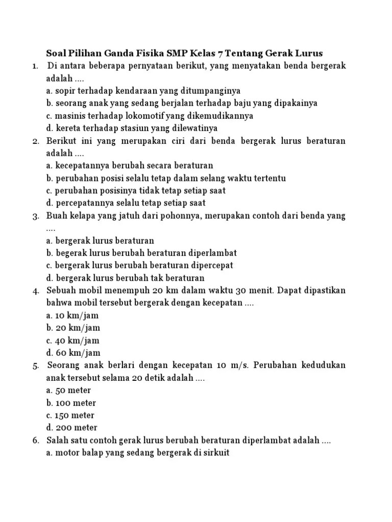 Soal Pilihan Ganda Fisika SMP Kelas 7 Tentang Gerak Lurus | PDF