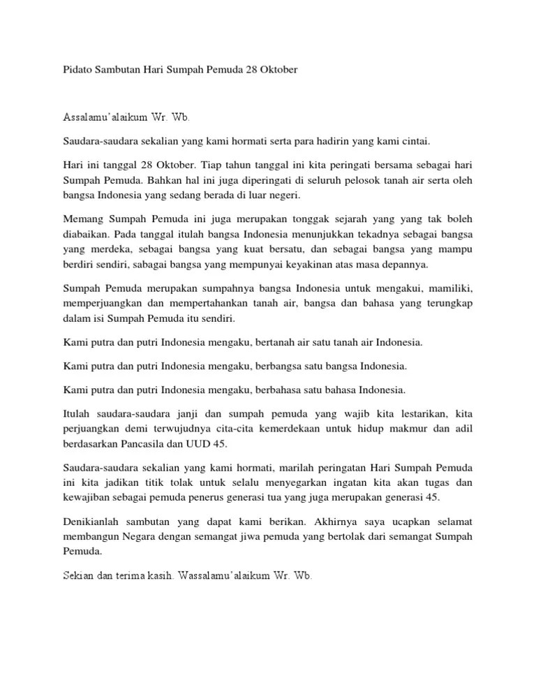 Pidato Sambutan Hari Sumpah Pemuda 28 Oktober | PDF