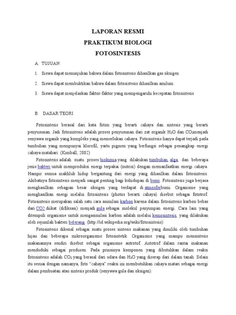 LAPORAN PRAKTIKUM BIOLOGI (Fotosintesis) | PDF