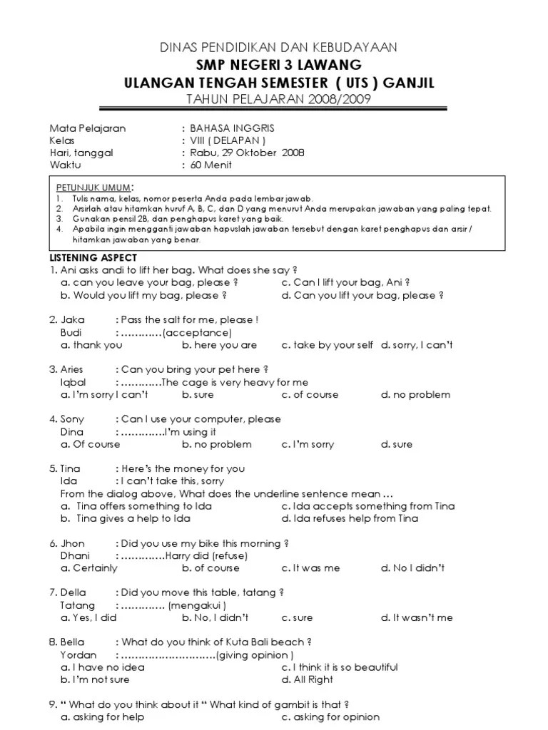 Soal Uts Bahasa Iinggris Kelas 8 Smt 2 Ktsp