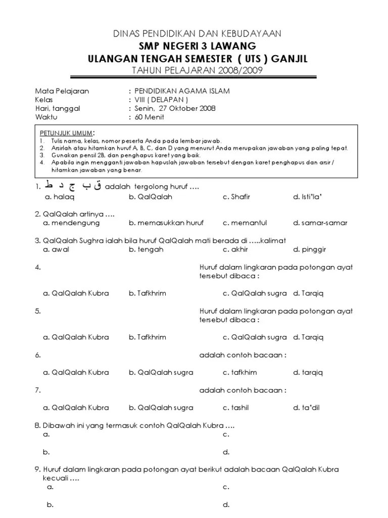 Soal Ulangan Agama Islam Semester 1 Kelas 8 Smp Uts - Revisi Id