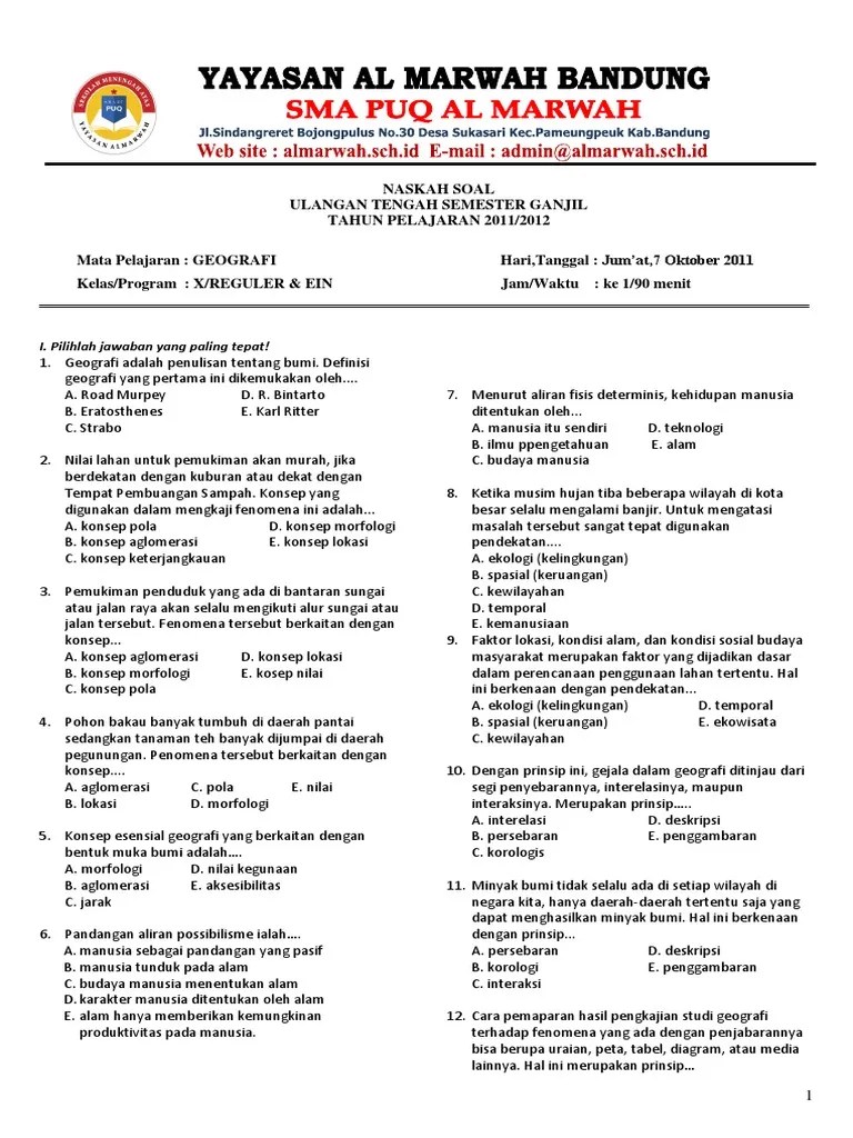 Soal Uts 1 Geografi Kelas X | PDF
