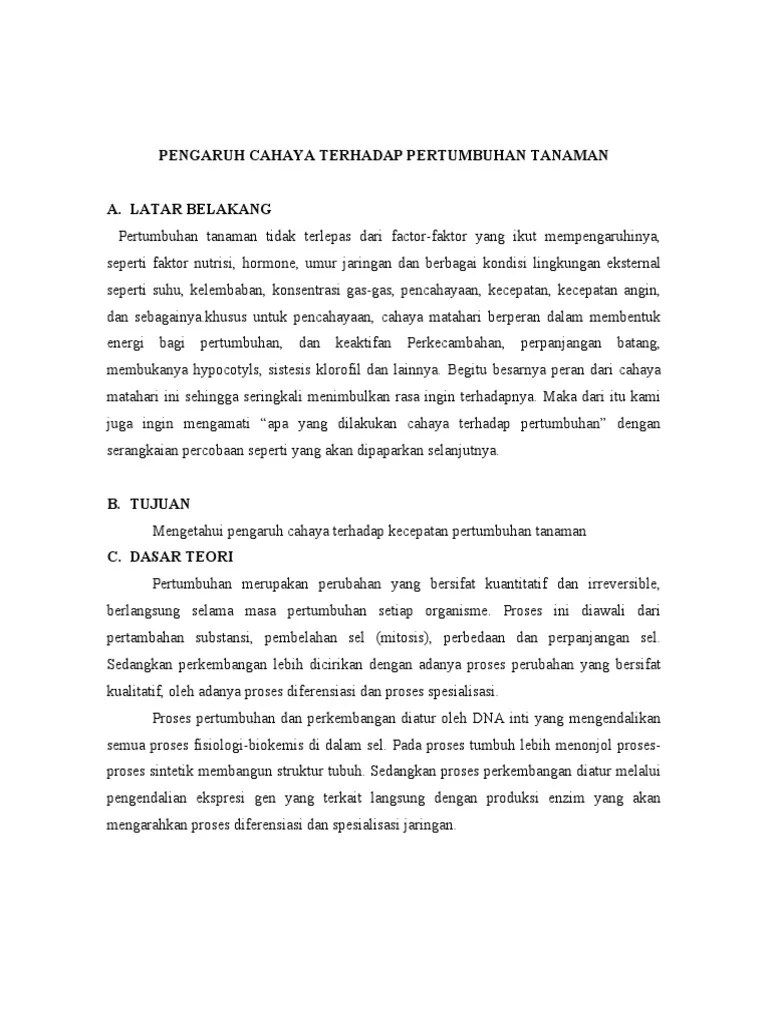 Pengaruh Cahaya Terhadap Pertumbuhan Tanaman (Laporan Euy&hellip; !) | PDF