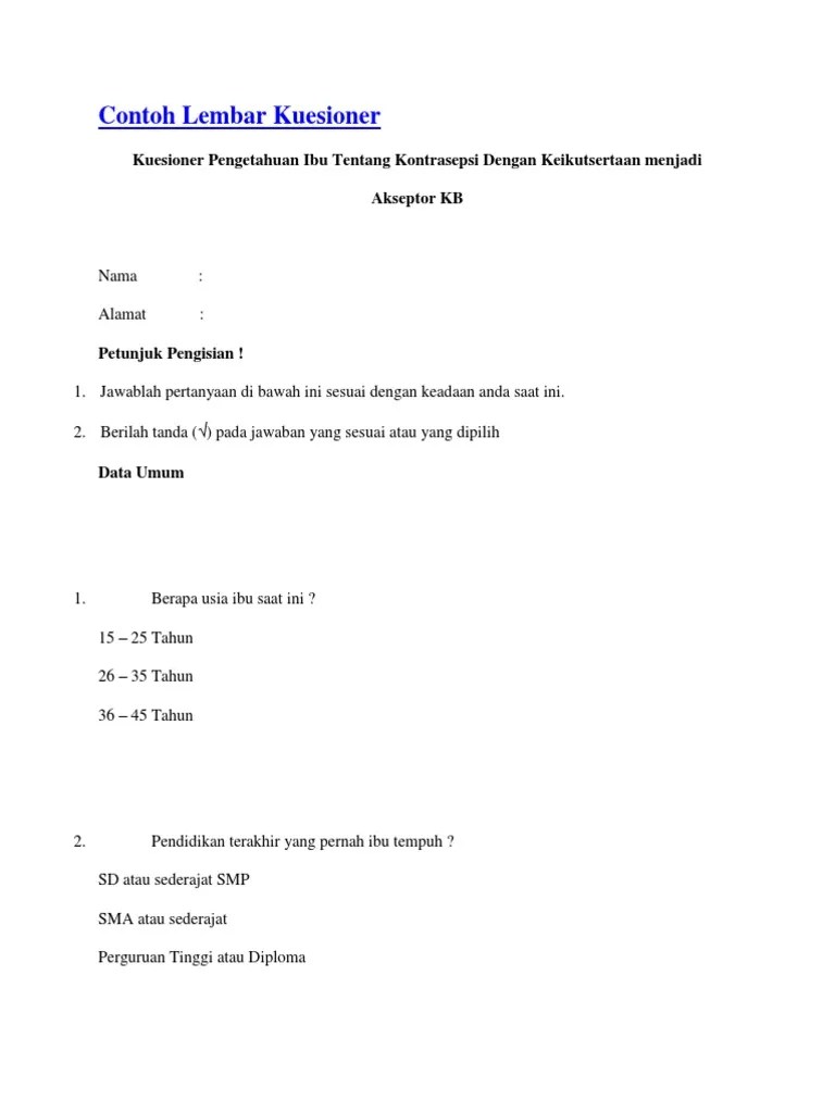 Contoh Lembar Kuesioner | PDF