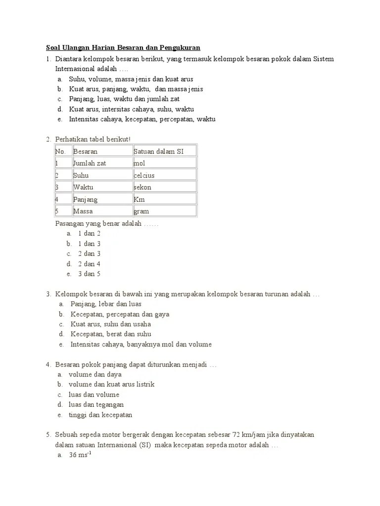 Soal Ulangan Harian Besaran Dan Pengukuran | PDF